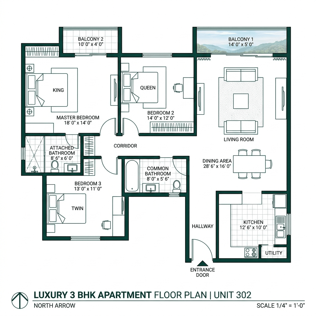 3 BHK Floor Plan - 1400 SqFt
