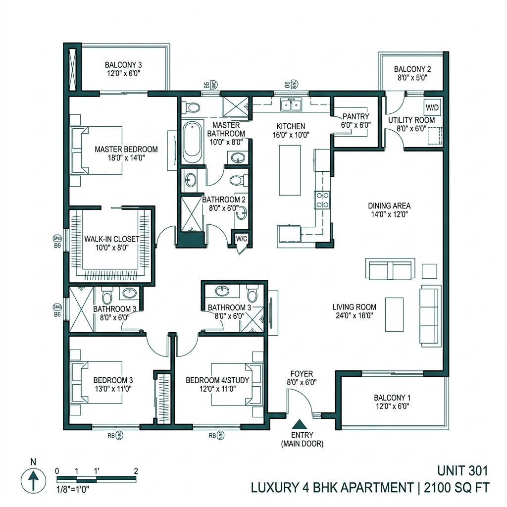 4 BHK Floor Plan - 2100 SqFt